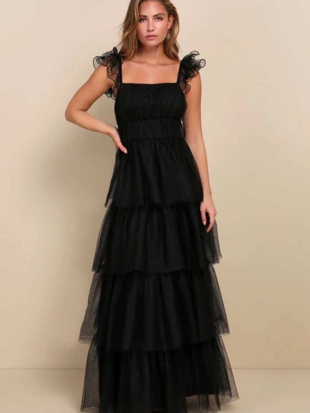 Lulu's Tulle For Love Black Mesh Tulle Tiered Ruffled Maxi Dress 2/34